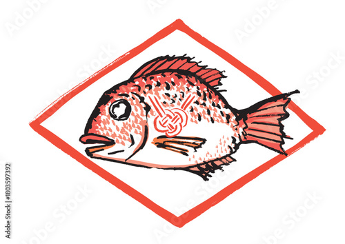 祝い鯛　墨絵イラスト