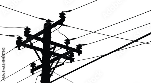 Silhouette of electrical utility pole with multiple power lines and insulators crossing against clean white background