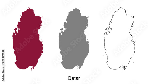 Qatar map set. Qatar map vector. Qatar map on maroon, gray, and outline