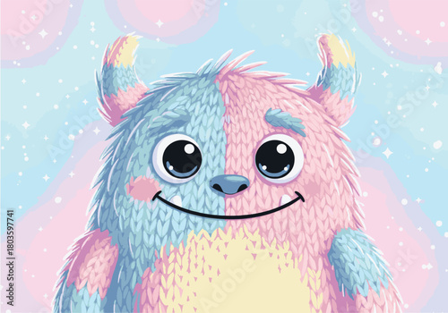 Cute fluffy pastel monster with a friendly smile on a dreamy sky background vector graphic