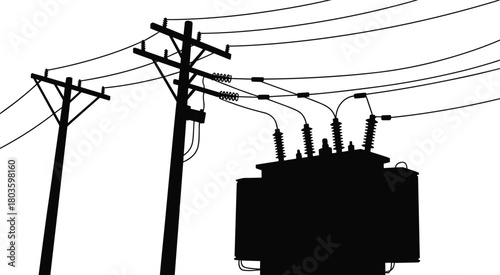 Silhouette of power poles and electrical transformer with high voltage utility lines in detailed black and white illustration