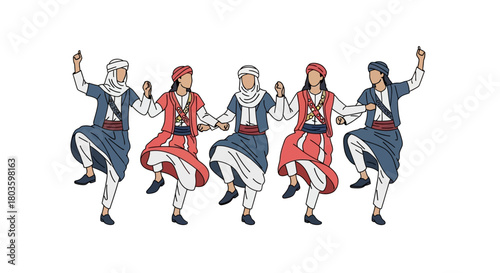 Five people dancing in traditional clothing, holding hands and performing a folk dance