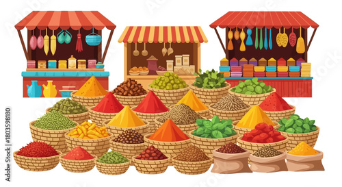 Exotic Spice Market Illustration with Baskets and Stalls for Culinary Projects