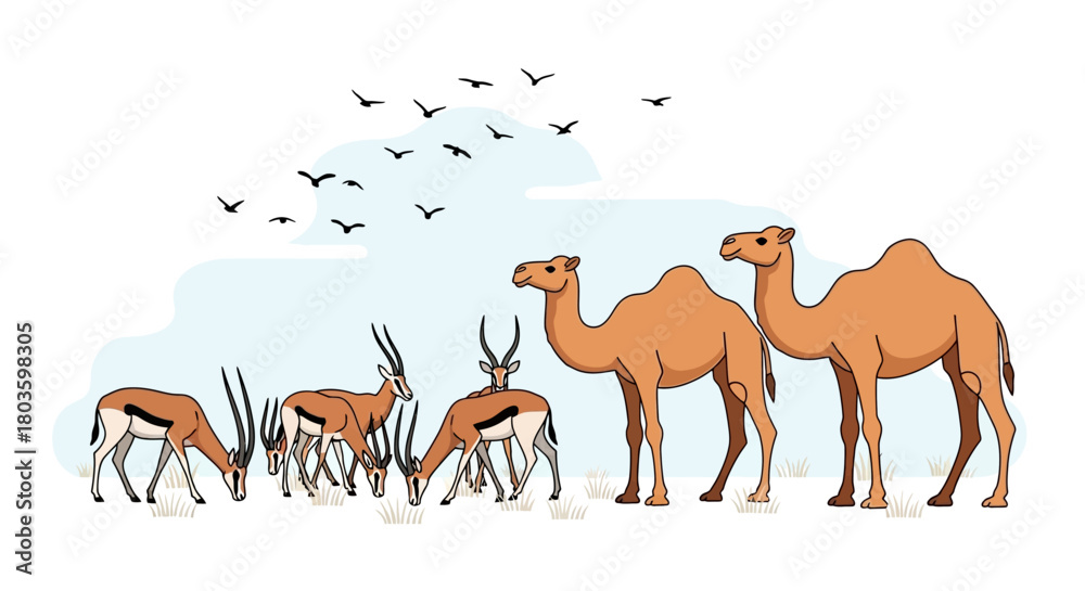 Naklejka premium Herd of Antelopes Grazing Alongside Camels Under a Flock of Birds in a Stylized Landscape