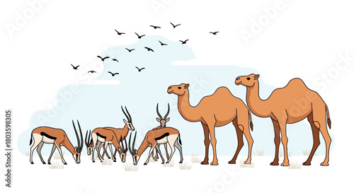 Herd of Antelopes Grazing Alongside Camels Under a Flock of Birds in a Stylized Landscape