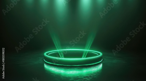 Green neon podium displaying futuristic product presentation stage