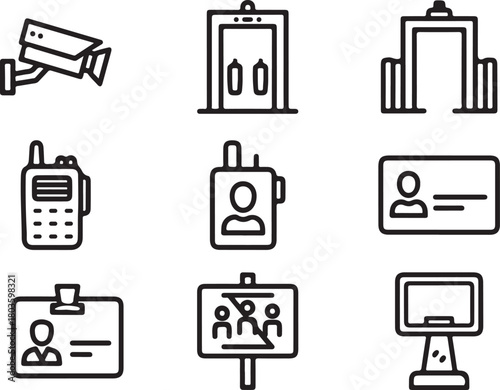 Security and access control icons set with surveillance camera, id cards, and access points.