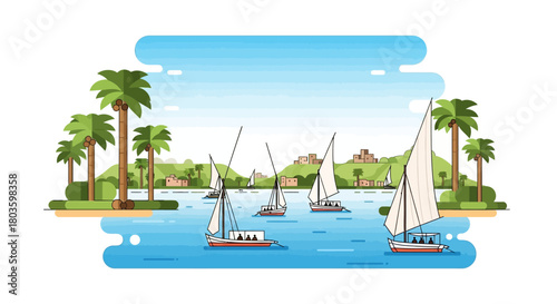Scenic view of sailboats sailing on the river with palm trees, hills, and a blue sky