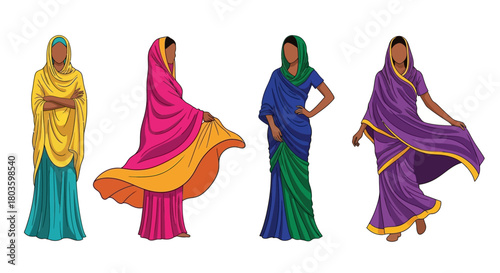 A vibrant collection of illustrated Indian women dressed in traditional, colorful sarees, shown in various graceful poses