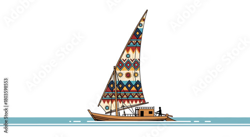 Colorful Sailing Dhow on the Sea A Traditional Arabian Wooden Boat with Intricate Patterns