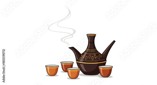 Traditional Ethiopian coffee pot (Jebena) with cups and steam illustration