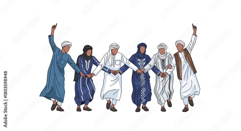 Obraz premium Group of men in traditional Arabic clothing holding hands and dancing in a circle