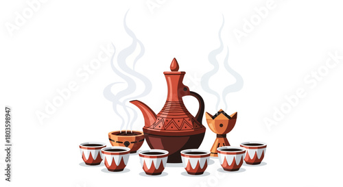 Traditional Arabic Coffee Set with Incense Burner and Steaming Cups