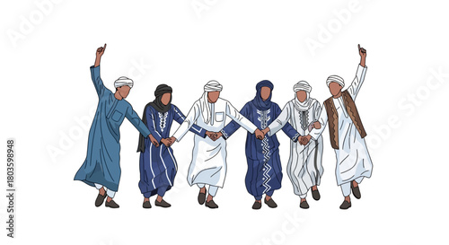 Group of men in traditional Arabic clothing holding hands and dancing in a circle