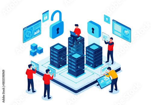Isometric illustration of cybersecurity and data protection, with digital security and data center concept