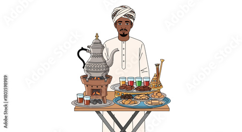 Illustration of a Middle Eastern man in traditional clothing offering Arabic tea and sweets for hospitality