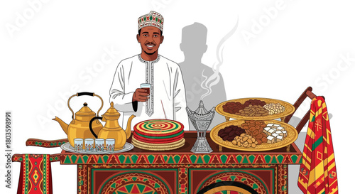 Man Offering Traditional Arabic Coffee and Dates from a Mobile Cart