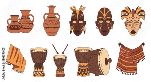 African Art Collection Masks, Drums, Pottery, Textiles Design Elements