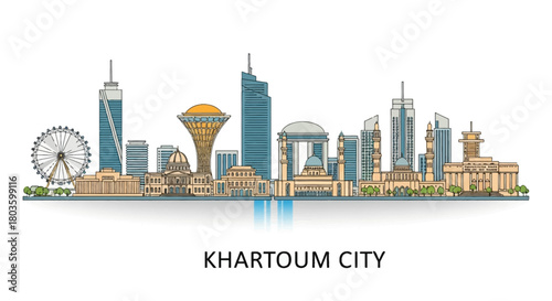 Khartoum City Skyline Illustration Featuring Tall Buildings and a Ferris Wheel