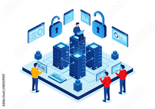 Secured data center with open lock and business people analyzing server information