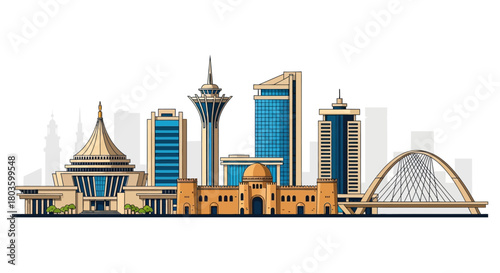 Cityscape illustration featuring iconic buildings of an urban skyline