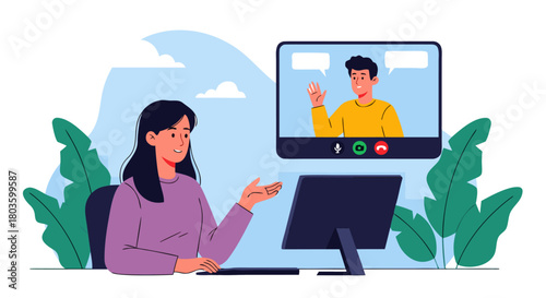 Smiling woman engaging in a productive online video conference call with a colleague, fostering remote collaboration and virtual interaction through modern technology