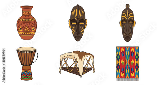 A collection of illustrated African cultural symbols, including traditional tribal masks, a djembe drum, and ethnic patterned objects