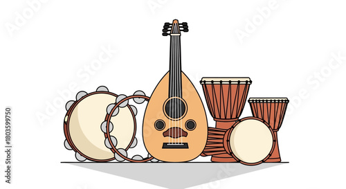 Vector illustration of traditional musical instruments oud, hand drums, tambourine. Ideal for cultural music themes and heritage