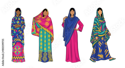 Colorful Traditional Clothing Styles of Four Women in Diverse Cultural Attire