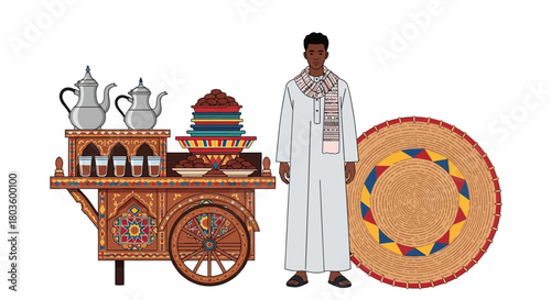 Traditional Middle Eastern man in thobe and ghutra standing near a tea cart and a woven hat