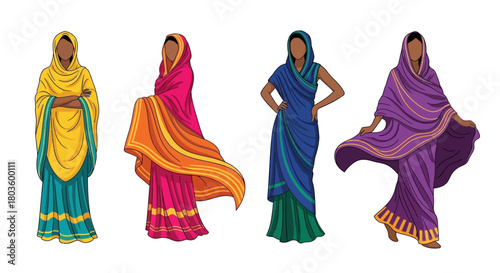 Collection of illustrated Indian women in beautiful, colorful traditional saree garments