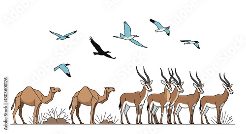 Wildlife Scene Camels, Antelopes, and Birds in Natural Harmony