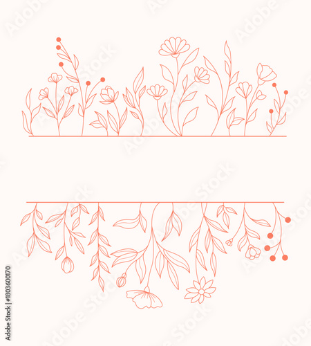 Decorative Floral Border Vector Design Images, Title Name Border flower Hand Draw Decoration, Name Border, leaf Hand Draw. flower frame with blue flowers. Hand drawn mono line floral background.
