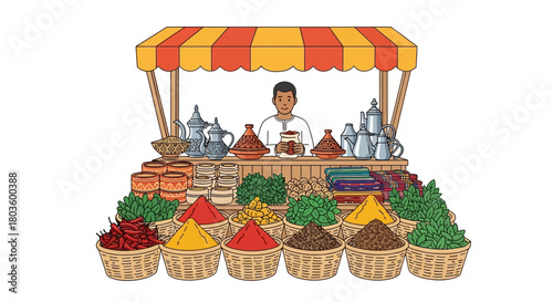 Vector illustration of a man selling exotic spices and tagines at a traditional Moroccan souk market