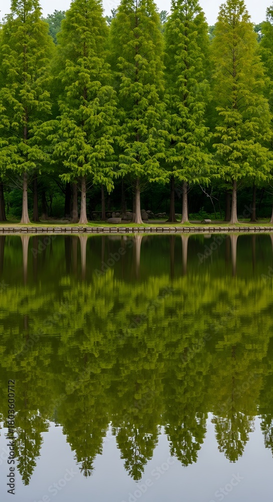 Fototapeta premium Row of Evergreen Trees Reflected in Calm Water.