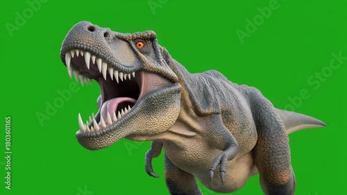 Majestic Tyrannosaurus Rex Roaring Ferociously, A Realistic 3D Dinosaur Model Rendered on a Vibrant Green Screen Background