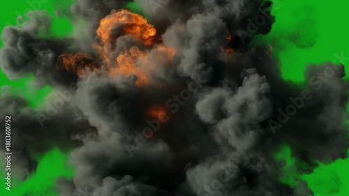 Explosion with a bright orange core, dark grey smoke, and embers rising against a green screen background