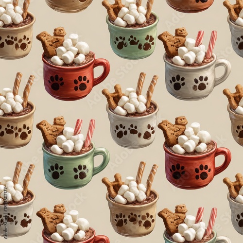 Hot Cocoa with Marshmallows and Dog Paw Mug – Cozy Winter Drink Photography with Ginger Cookies for Holiday Themes 