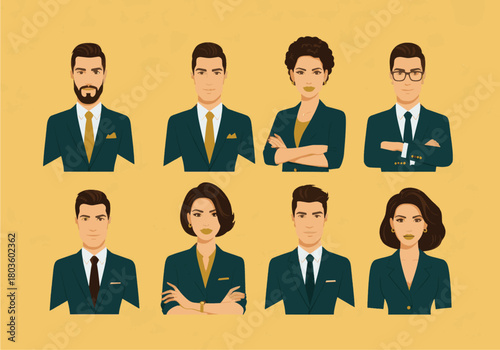 Professional Business People Set of 8 Isolated Characters on Yellow Background