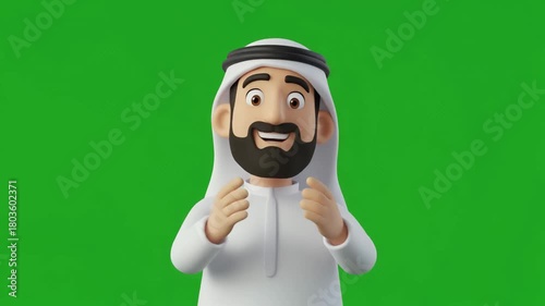 Animated man in traditional Middle Eastern attire with a beard and ghutra expressing excitement with his hands