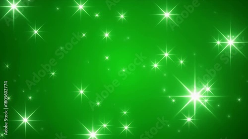 Sparkling green background with bright star bursts and shimmering light effects, ideal for festive designs and celebrations