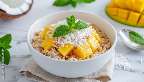Delicious Mango Sticky Rice Dessert in White Bowl with Mint Sprigs on Marble Countertop