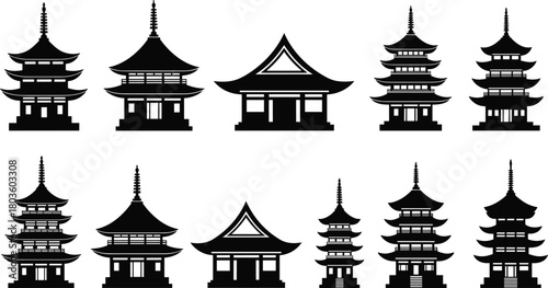 Traditional Japanese and Chinese Pagoda Temple Shrine Architecture Silhouette Icons Set for Asia Culture Travel Landmarks Design Elements