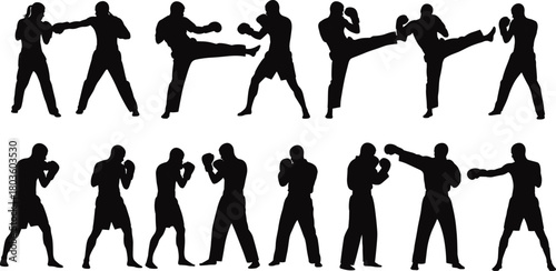 Set of Fighters Kickboxing, Martial Arts and Boxing Action Silhouettes Vector Collection Isolated on White Background for Sports Training