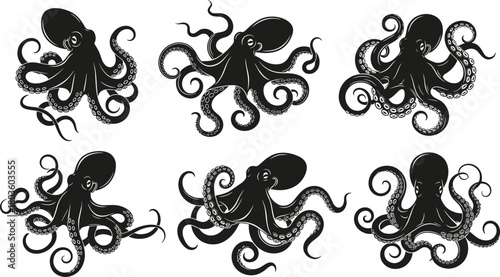 Black Octopus Silhouette Vector Set Collection with Tentacles and Suction Cups Isolated on White Background for Seafood Logo Design
