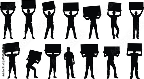 Protestors and Activists Silhouettes Holding Blank Sign Boards for Banner Copy Space Isolated on White Background for Demonstration Rally Mockup