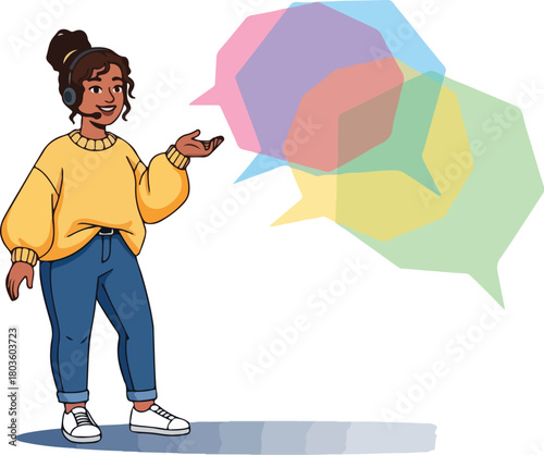 Woman talks with colorful speech bubbles nearby her