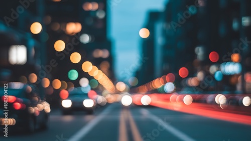 Blurred city street at night with car lights and building silhouettes