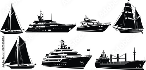 Ships and Boats Silhouette Collection Yacht Cargo Vessel Sailboat Icons Set Ocean Transportation Maritime Travel Black Vector Isolated