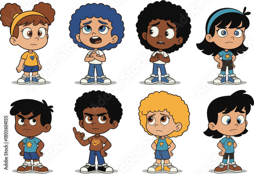 A diverse group of cartoon children with sad, worried, and angry facial expressions, vector set 34